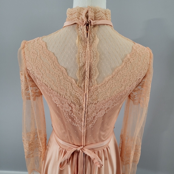 Vintage 70s Victorian Style Lace Swiss Dot High Neck Long Sleeve Coctail Dress - Picture 7 of 14